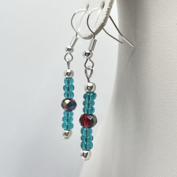 Stunning Red AB Crystal Teal Blue Glass Seed Bead Bar Necklace Earrings Set - Picture 4 of 9